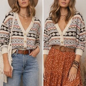 American Eagle Outfitters Women's Cream and Brown Cardigan